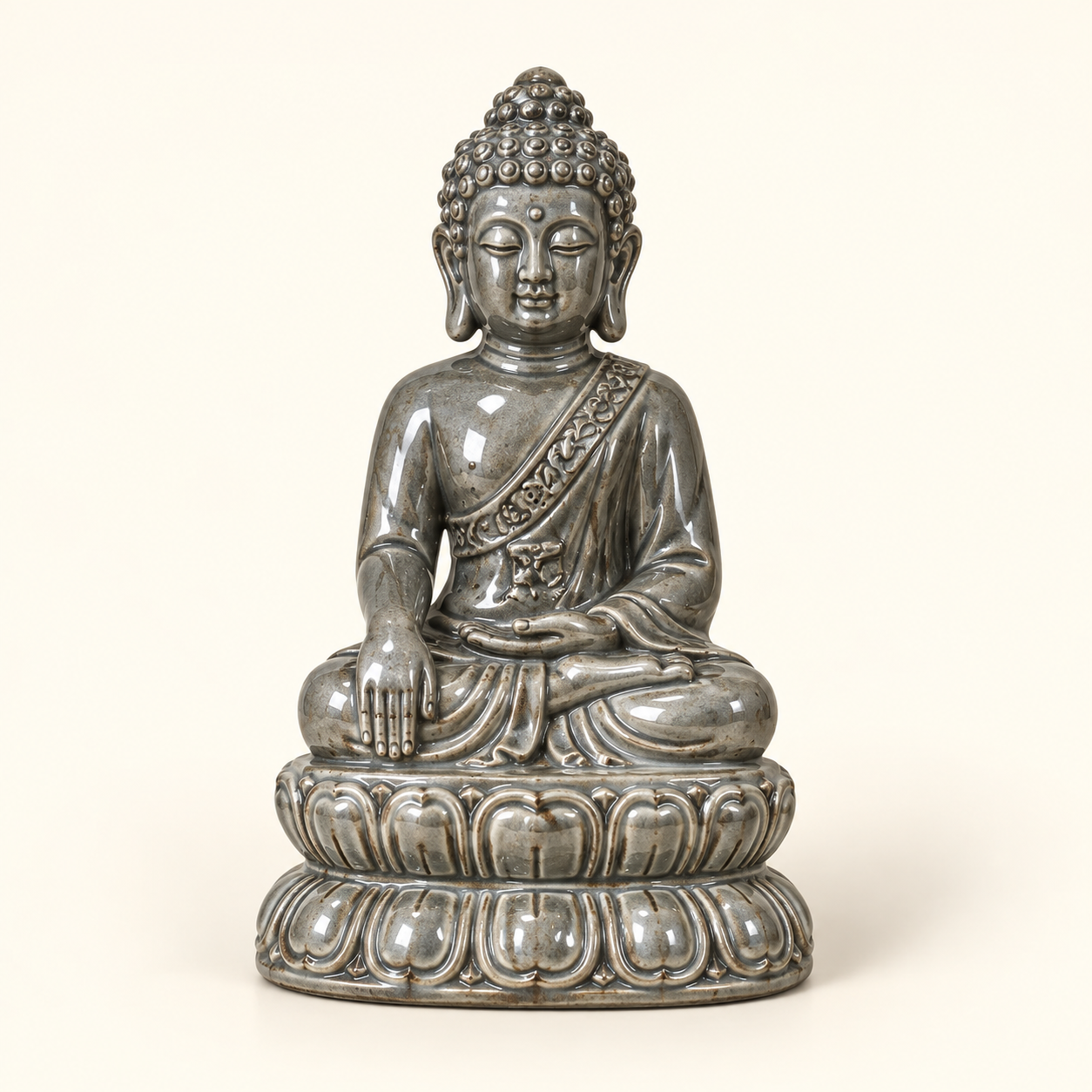 Silver-Tone Lotus Buddha on an ivory studio background