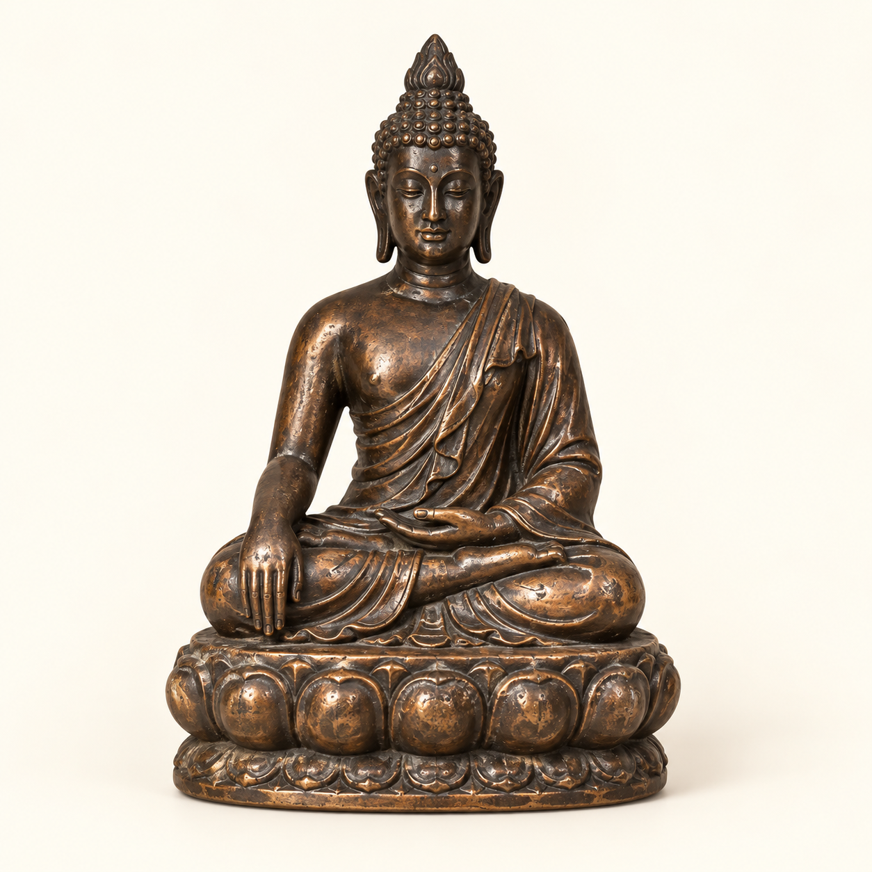 Bronze-Tone Lotus Buddha on an ivory studio background