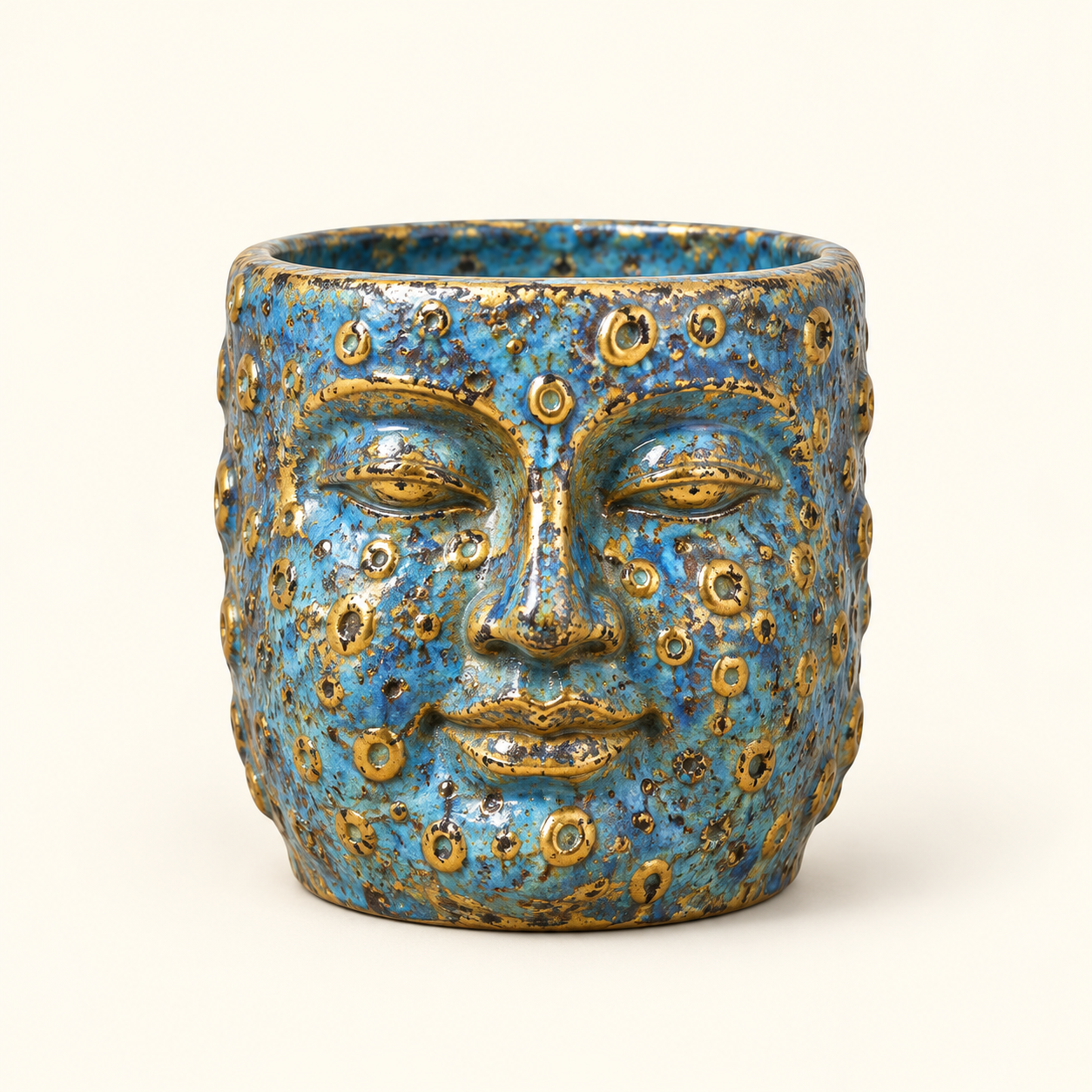 Blue & Gold Face Vessel on an ivory studio background