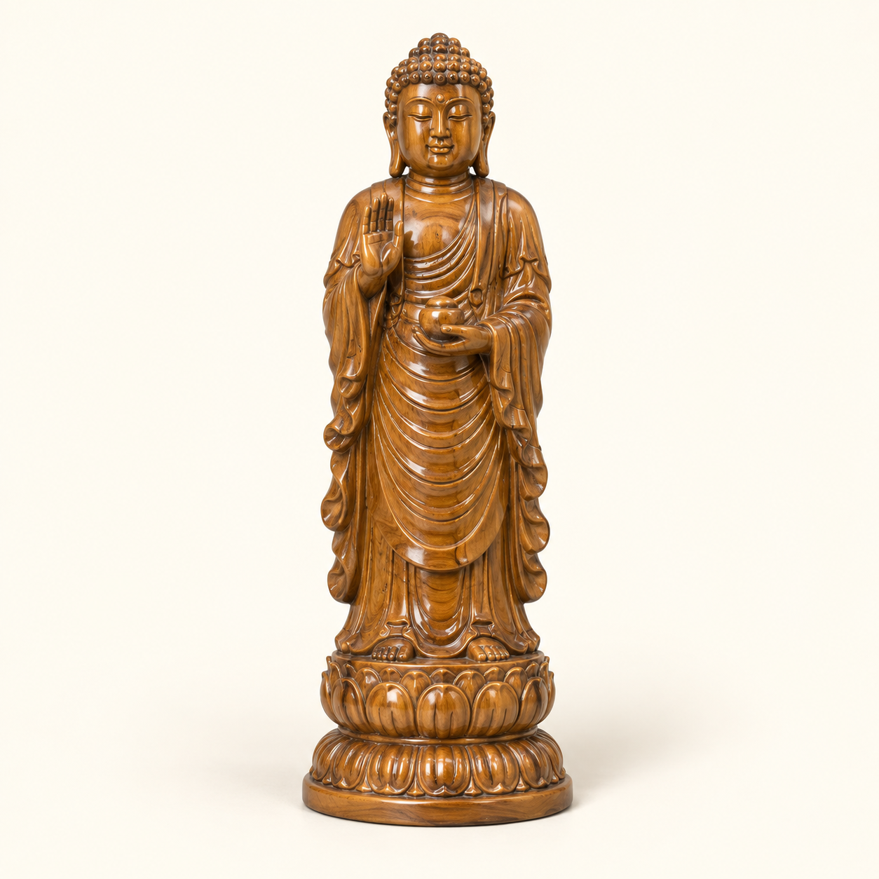 Wood-Tone Standing Buddha on an ivory studio background