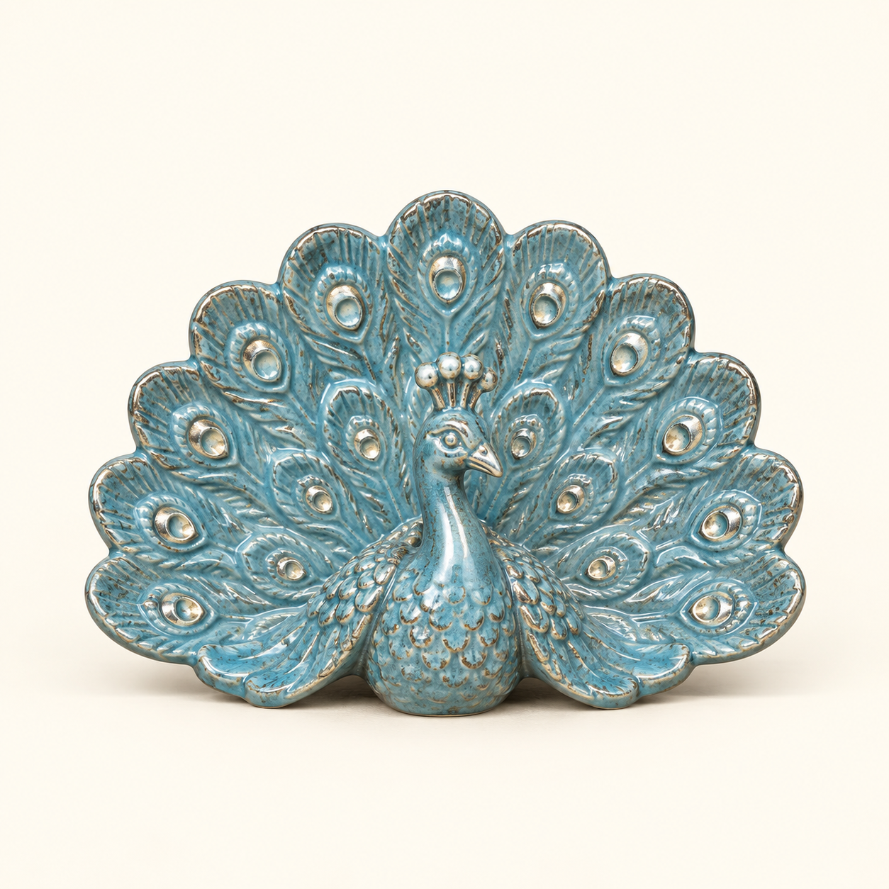 Peacock Display Plate on an ivory studio background